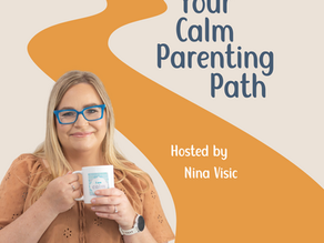 Nina holding a coffee looking at camera with an orange path weaving behind her and the words 'Your Calm Parenting Path Hosted by Nina Visic' written