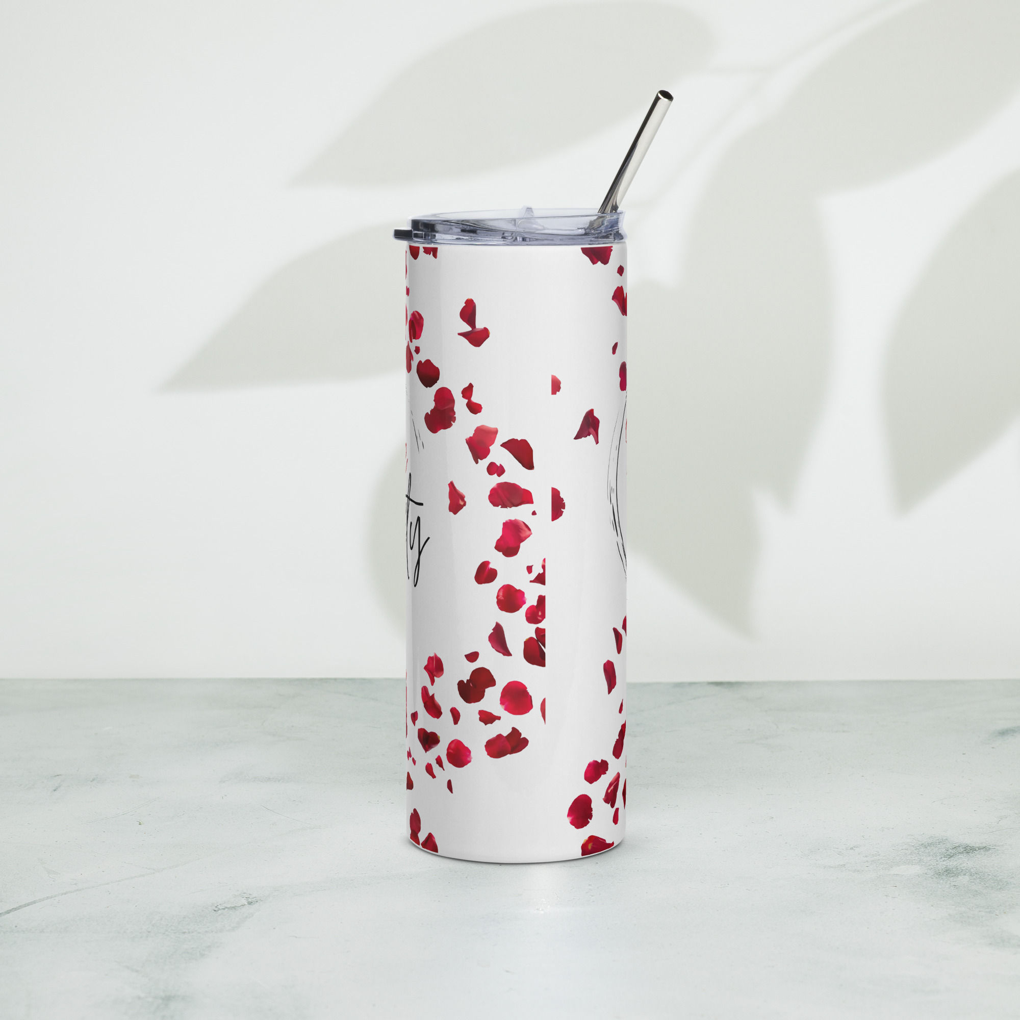 Stainless Steel White Tumbler with Roses and Logo