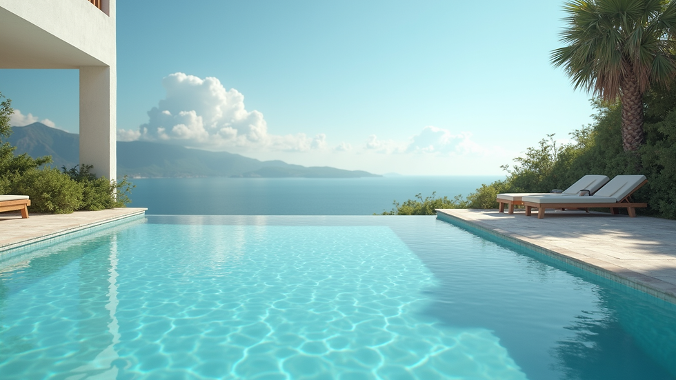Vista aérea de piscina limpa com acessórios de limpeza ao lado