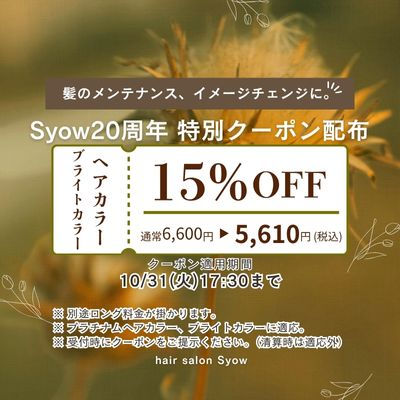 『プラチナムヘアカラー』と『ブライトカラーが15%オフ💡〜10/31まで!』
