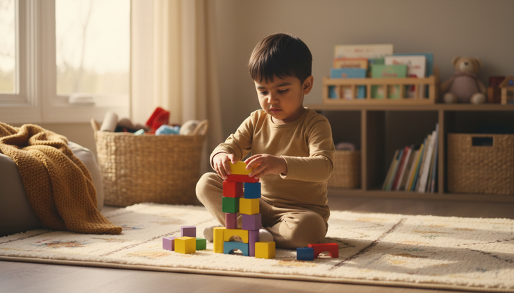 Eye-level view of a preschool child stacking colourful blocks on a mat.