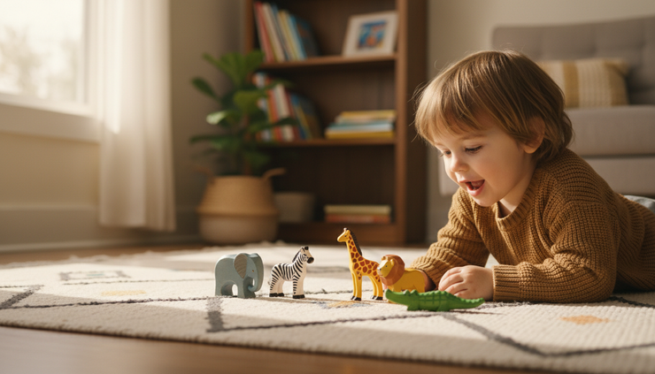 Close-up of a child arranging colourful animal toys during pretend play.