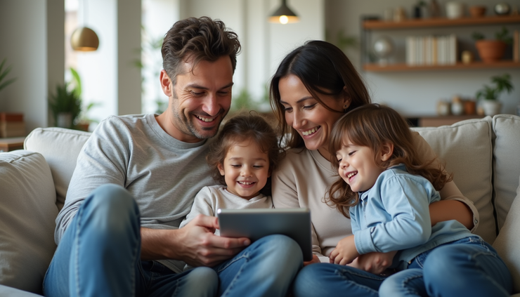 High angle view of a family gathered around a tablet, smiling and engaged