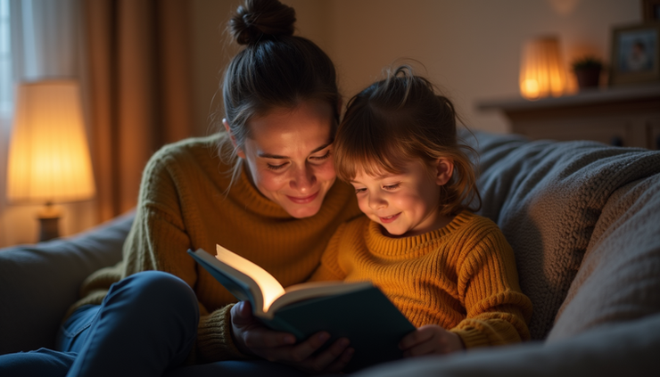 Eye-level view of parent and child sitting on a cozy couch sharing a storybook