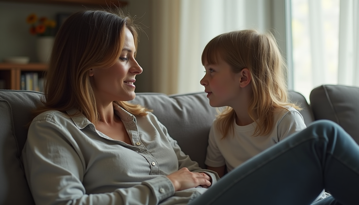 Close-up of a parent gently talking to a child sitting on a couch