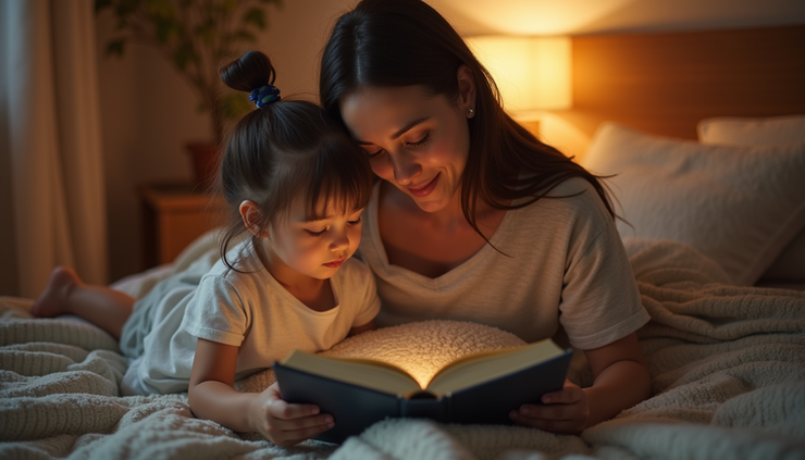High angle view of a parent and child reading a book together during bedtime routine