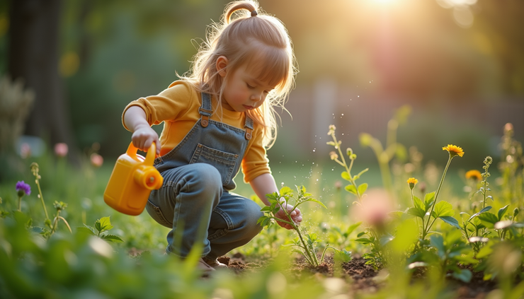 Eye-level view of a child carefully watering a small plant in a garden