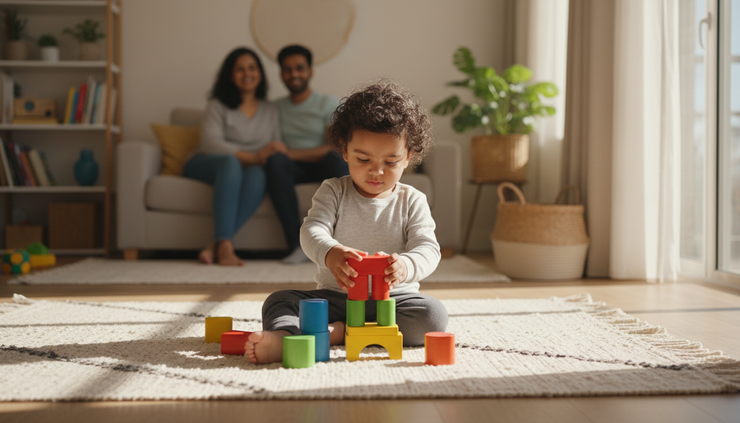 Eye-level view of a toddler stacking colourful blocks.