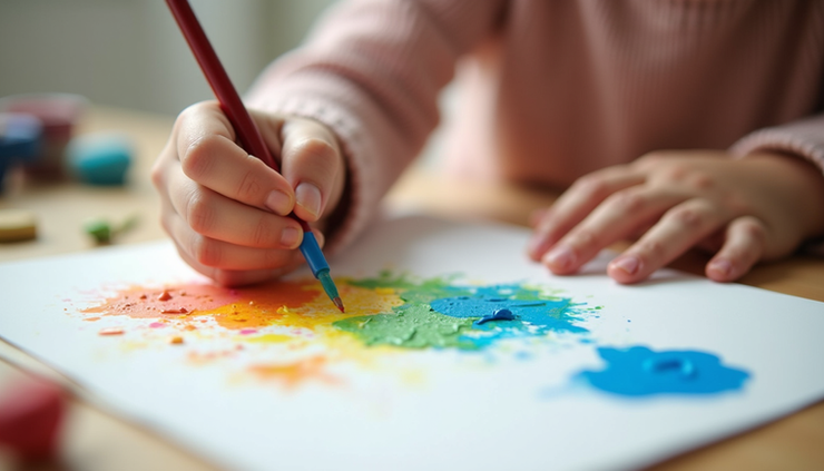 Close-up of colorful craft supplies and a child’s hand painting