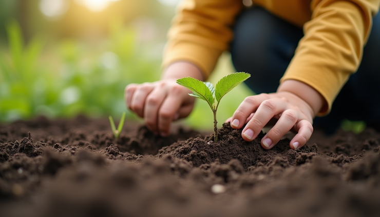 Close-up of a child’s hands planting seeds in a small garden bed