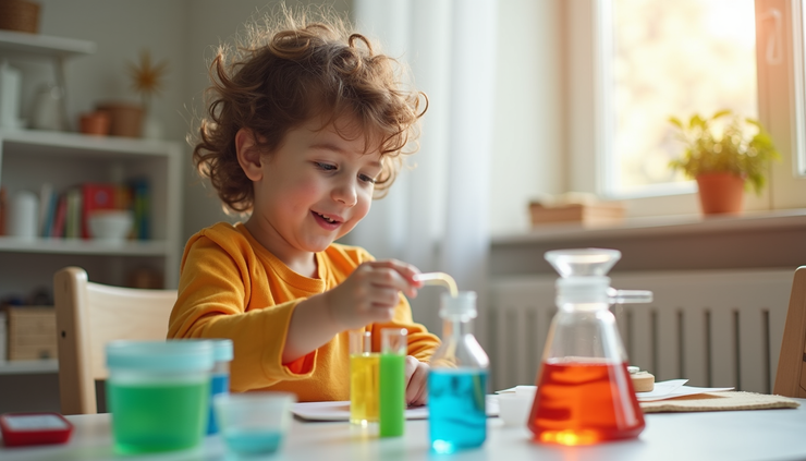 Eye-level view of a child exploring a colorful science kit at home