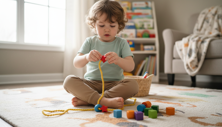 Eye-level view of a young child placing colourful beads onto a string.