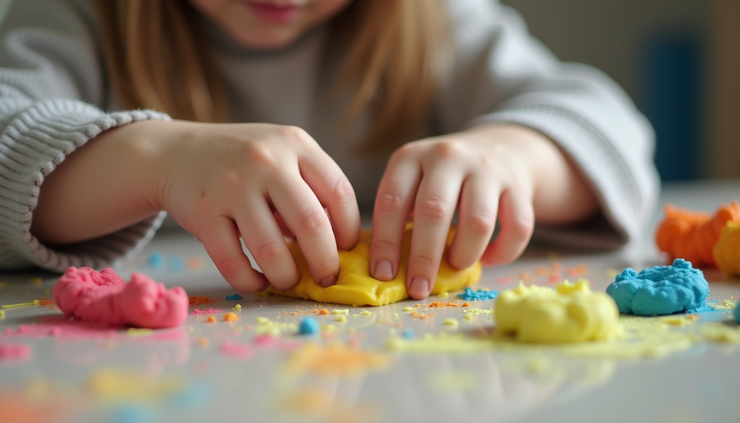 Close-up view of a child’s hands molding clay on a table filled with art materials