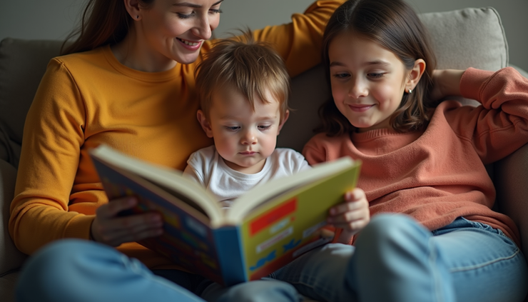 High angle view of a parent and child reading a colorful book together on a cozy couch