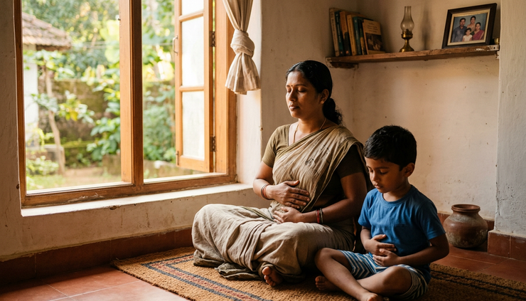 Wide-angle view of a parent and child practising deep breathing beside a window