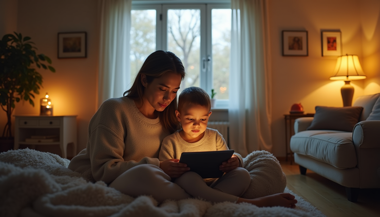 Eye-level view of a child sitting on a couch with a tablet and a parent nearby