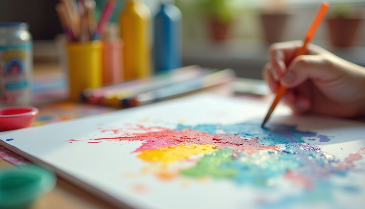 Close-up of a colorful art project on a table with paint and brushes