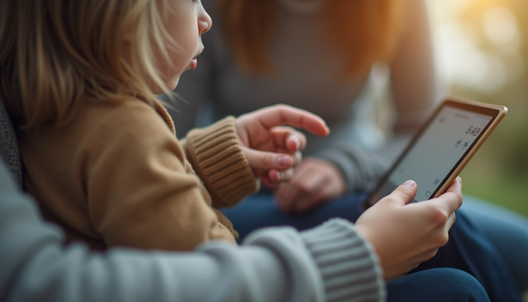 Close-up view of a child’s hand turning off a tablet with a parent nearby
