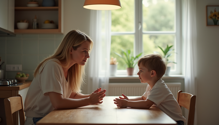 Eye-level view of a parent calmly talking to a child at the kitchen table