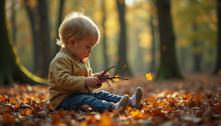 High angle view of a child playing in a natural outdoor setting with sticks and leaves