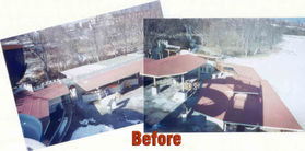A photo of the roof before and after an outdoor food court that was built in front