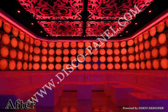 3D rendering of an interior design project for a night club bar with a modern futuristic style featuring neon lights and blue LED lighting behind the bar counter with the theme "DJ virtual digital projector".