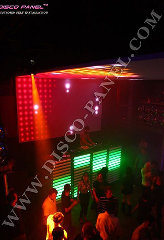 Creation of the best led lights for your club, night and party on wall panels with led light bars in purple, blue and orange colors with led neon lights, led lighting over dance floor.
