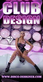 Attractive banner for the disco magazin titled "disco design", dedicated to us. Incorporating elements of light and music, featuring beautiful blonde girl in shiny dress with high heels standing on top of turntables. The background is blue and white stripes.