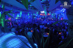 The interior of an expensive night club in Bulgaria, filled with people dancing under blue and white lights. The room is decorated to reflect royal elegance, featuring intricate patterns on walls and ceilings, creating a regal atmosphere.