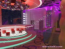 professional photo of club interior design, with led lighting and bar counter, futuristic style, modern style, the inscription disco. Stippling on wall in neon green color