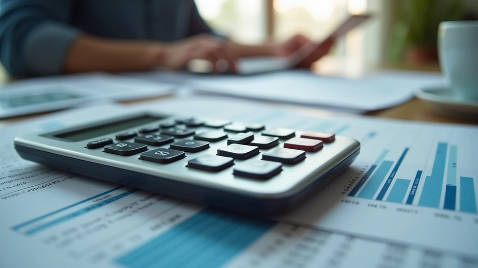 Eye-level view of a calculator and financial statements