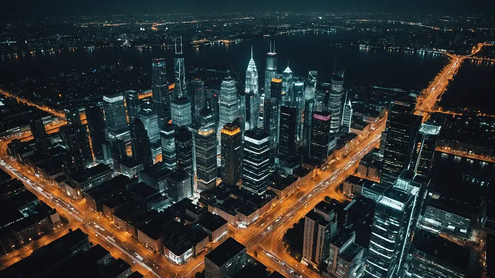 High angle view of an abstract city skyline illuminated at night