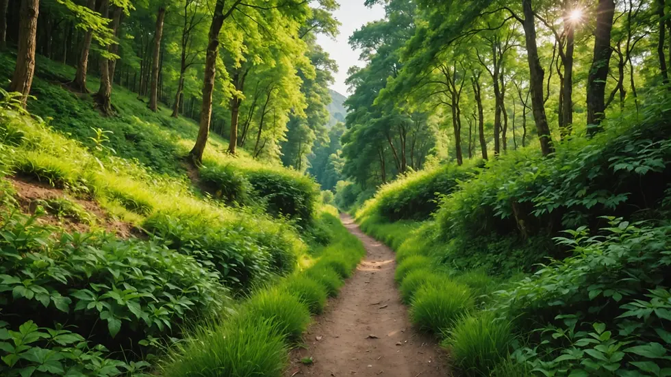 Eye-level view of a scenic hiking trail surrounded by lush greenery