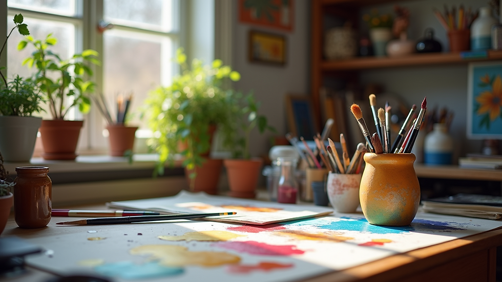 Eye-level view of a cozy art studio with colorful supplies