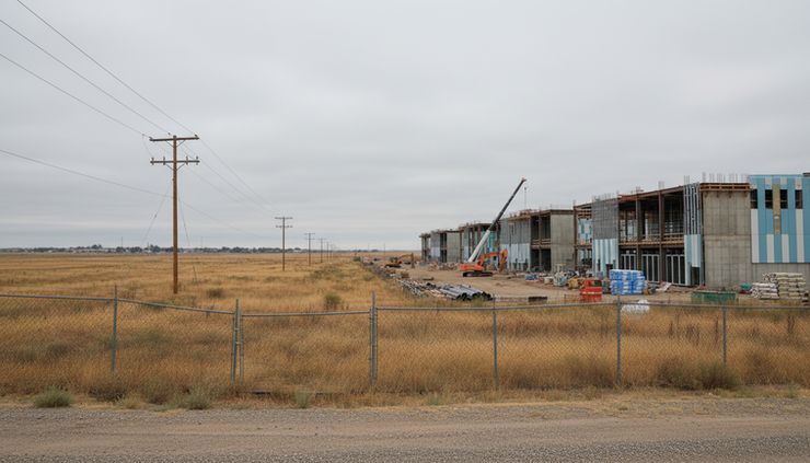 Wide-angle view of a fenced data center site beside open rural land
