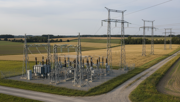 Eye-level view of a rural electric substation near a gravel road