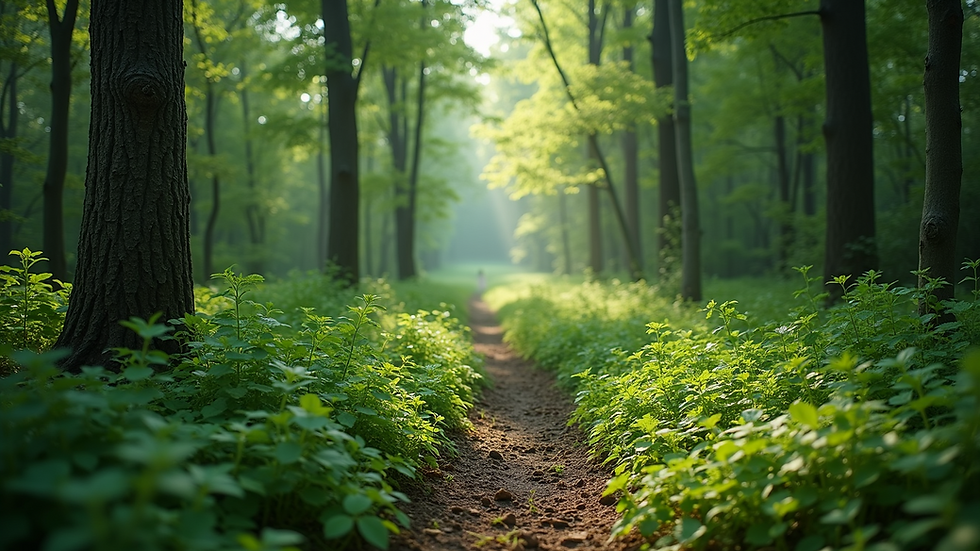 Wide angle view of a lush green forest
