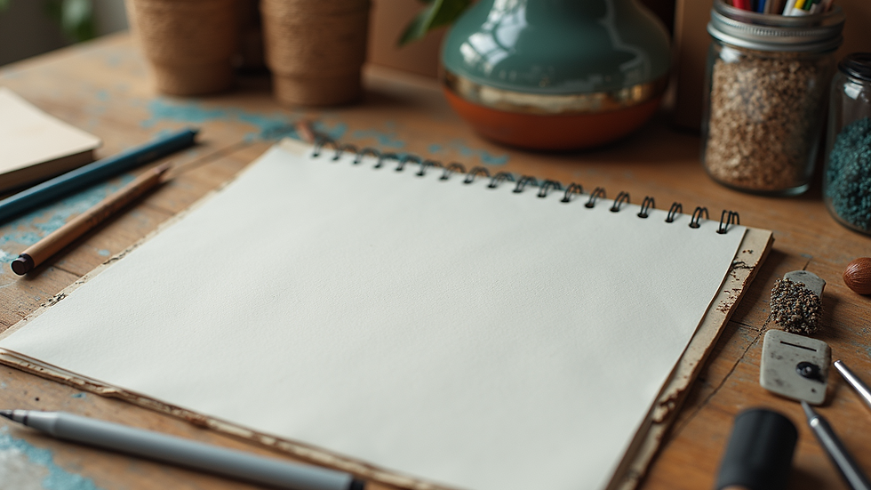 High angle view of a table with mixed media art supplies and textured paper