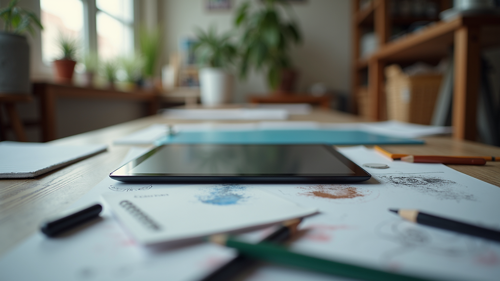 Eye-level view of a workspace with art supplies and a digital tablet