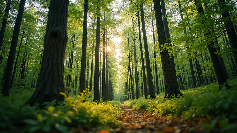 Eye-level view of vibrant forest with tall trees