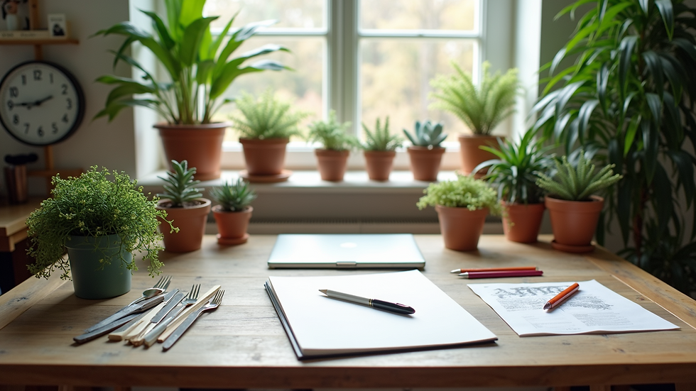 High angle view of a bright and organized artist’s desk with plants and art supplies