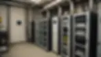 Close-up of a utility room filled with backup batteries and power systems