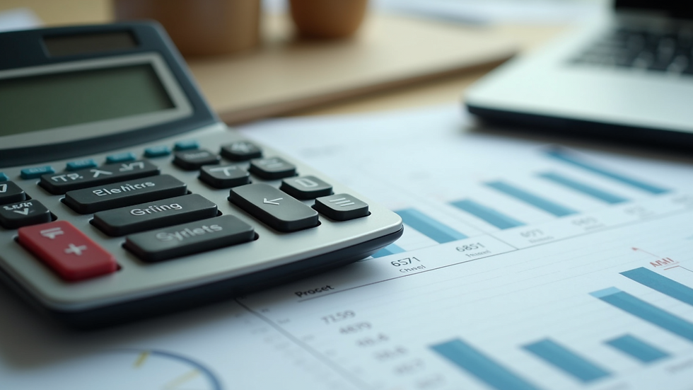 Close-up of a calculator and financial charts on a desk