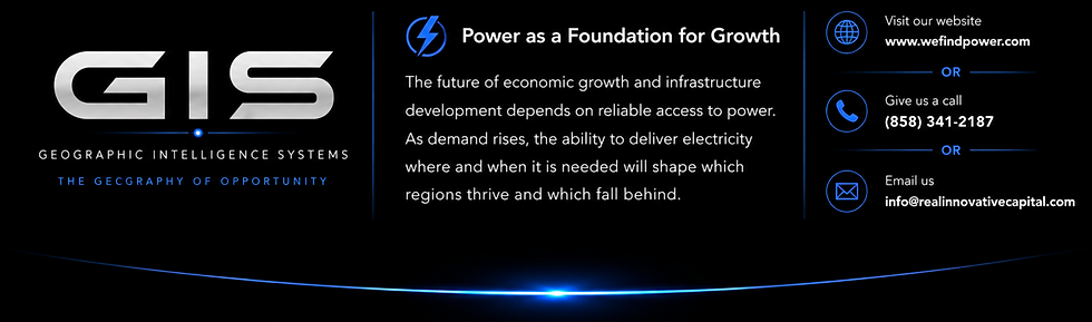 Black GIS promo banner with power icon, growth text, and contact details for website, phone, and email in blue and white text