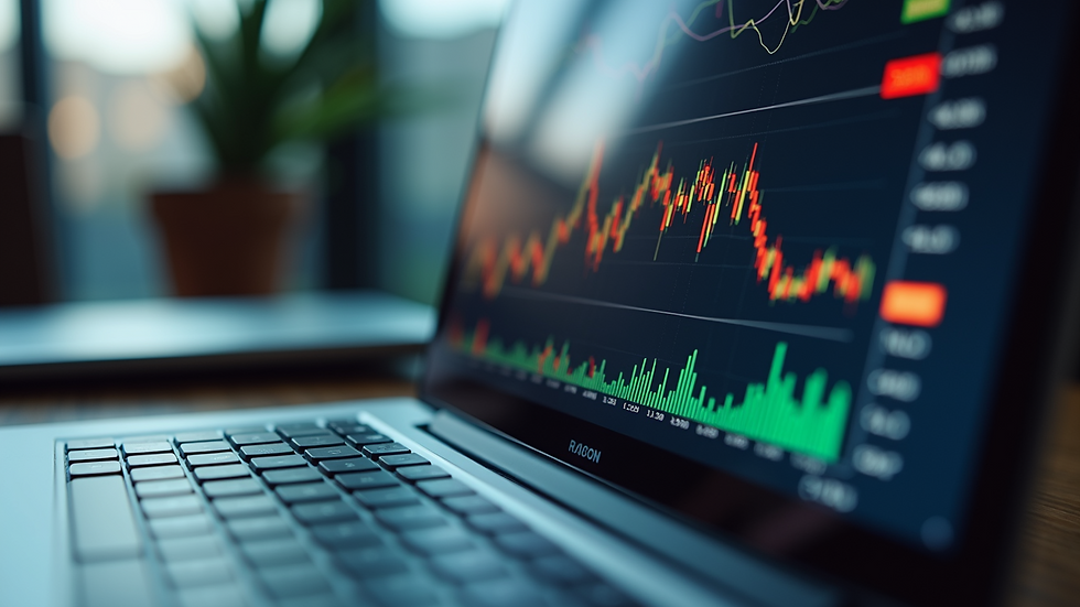Close-up view of a laptop screen showing stock market charts