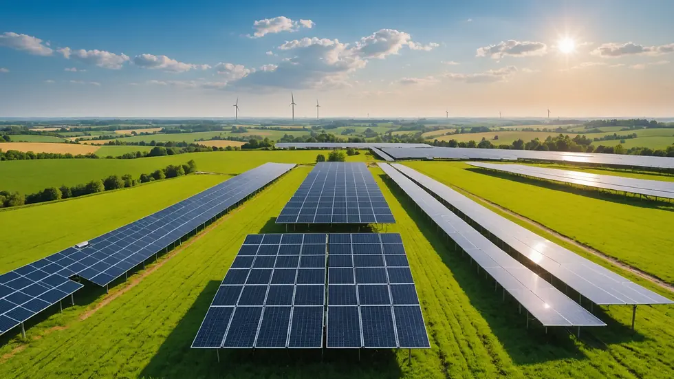 Wide angle view of green landscape with solar energy installations