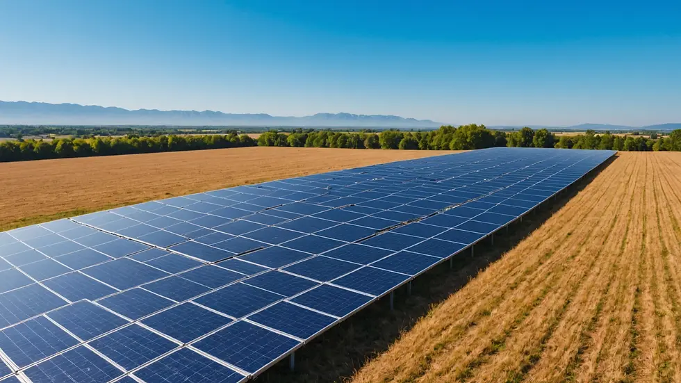 Wide angle view of solar panels in a clear blue sky