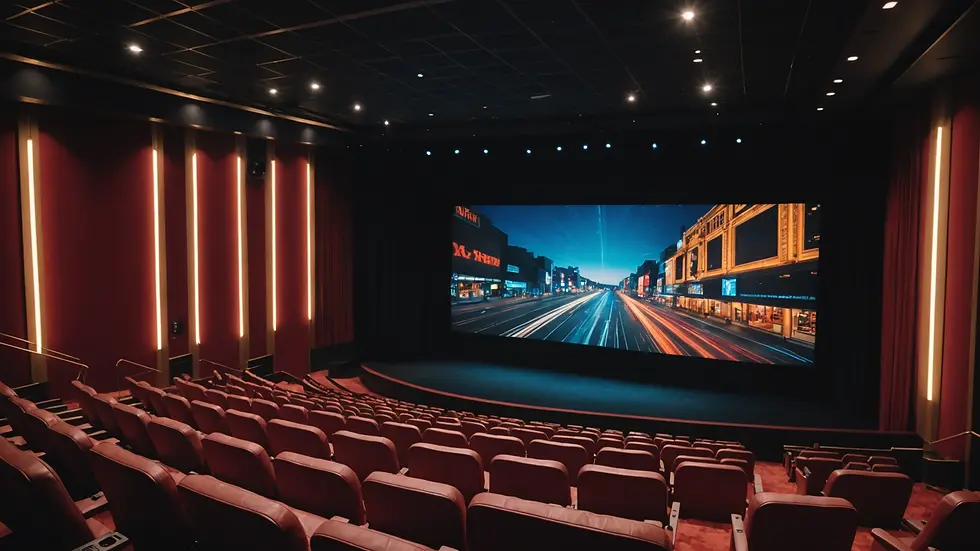 High angle view of a stunning modern movie theater with a large screen