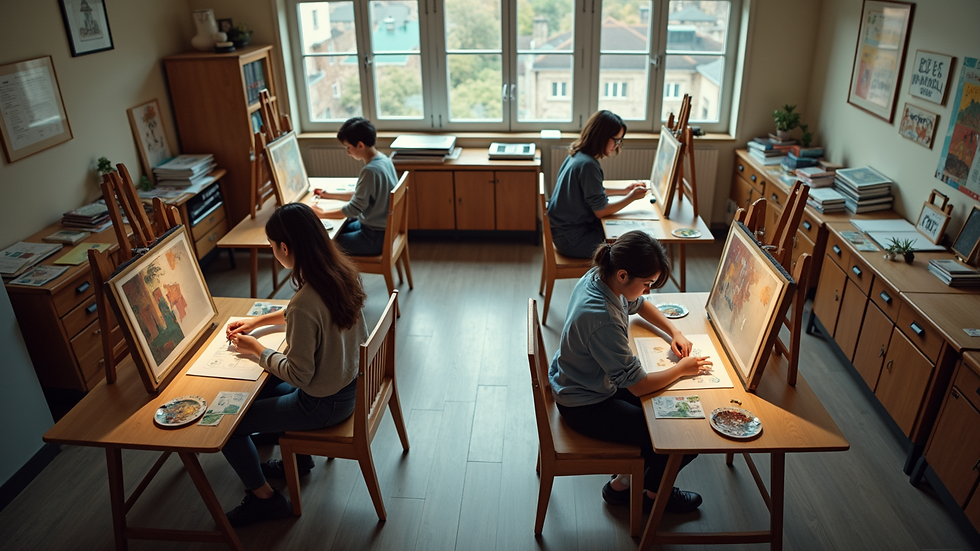 High-angle view of an art class with students engaged in painting