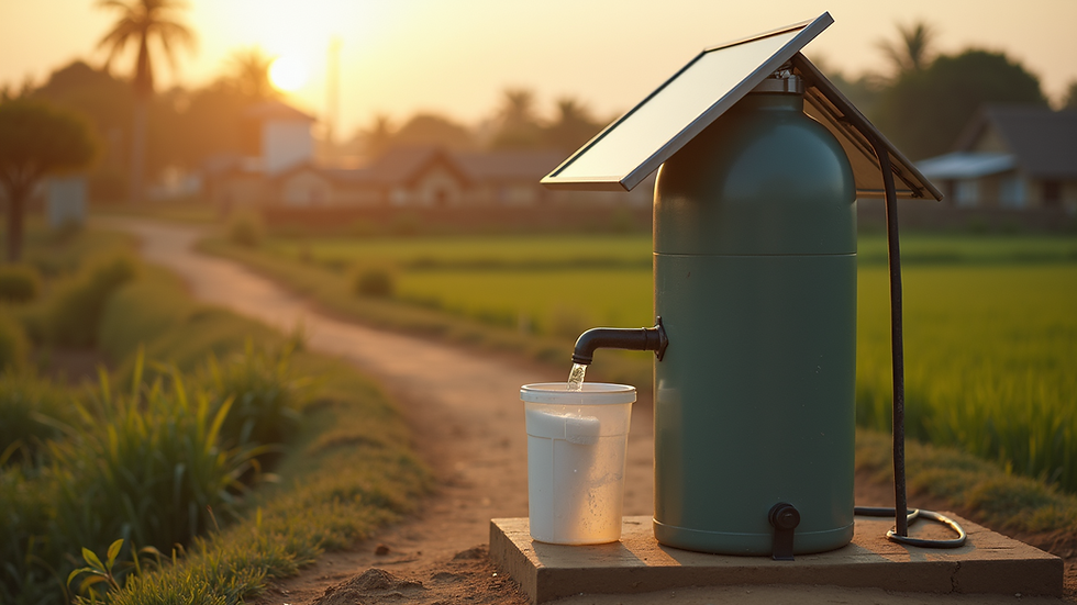 Close-up view of solar-powered water purification system in a rural area